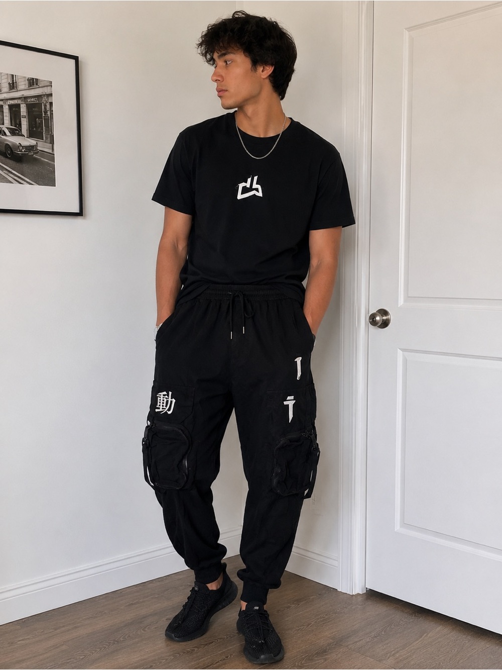 Men's Black Cargo Jogger Pants with Graphic Accents
